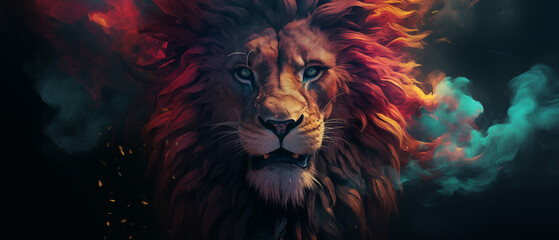 Fiery Red Lion Art with Intense Eyes and Cosmic Background