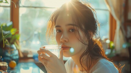 start your day right, healthy young woman drinking water at home