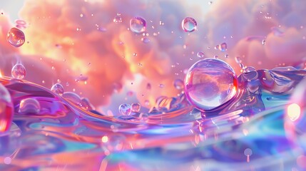 Blue Sky Bubbles: Abstract background with transparent bubbles floating in a blue sky, creating a refreshing and serene atmosphere