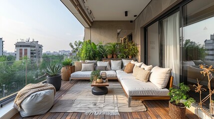 Trendy balcony with a blend of soft colors, natural textures, and a peaceful, plant-filled atmosphere