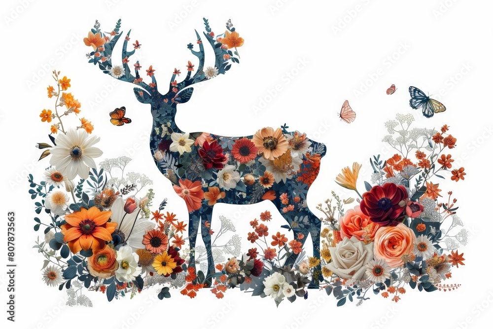 Canvas Prints A deer stands amidst a colorful array of flowers, with butterflies fluttering around it