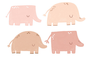 Set of hand drawn pink elephant elements. Isolated illustration with animals.  Childish watercolor illustration