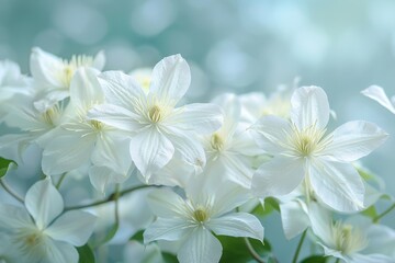 Cluster of white clematis flowers blooming against a vibrant green backdrop