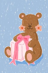 teddy bear with flower is holding pink present on blue background. illustration birthday card decoration. greeting card for blessing.