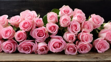Bunch bouquet of pink roses and hearts isolated on black background panorama banner
