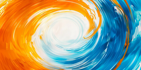Abstract painting of a blue and orange swirl.