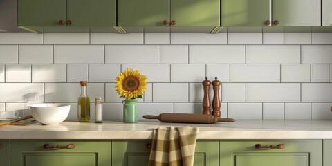 Front view of a classic kitchen with wooden furniture in olive green tones and retro white tiles. Light wooden countertop with decorations and sunflower flower in vase