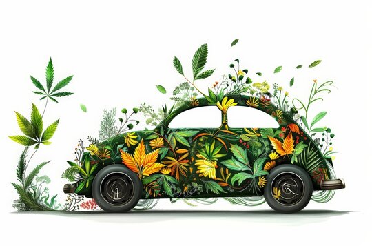 A car completely covered in various green plants and colorful flowers, creating a unique and striking sight