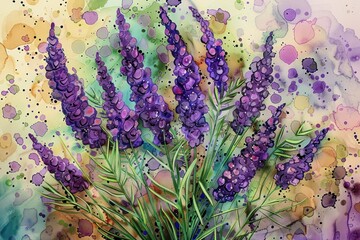 A painting of purple flowers with a splash of color. The flowers are purple and the background is a mix of colors
