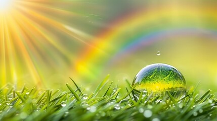 A water droplet rests on green grass with a rainbow in the background, showcasing a beautiful natural phenomenon