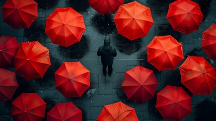 unique identity among uniform red umbrellas, vibrant display