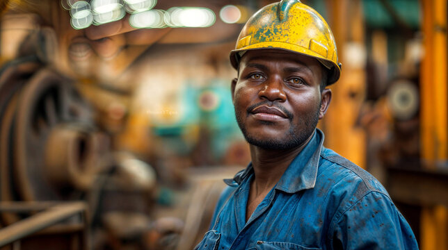 Close-up portrait of a black male worker with helmet. A man with brutal, expressive facial features. Hard work in a factory