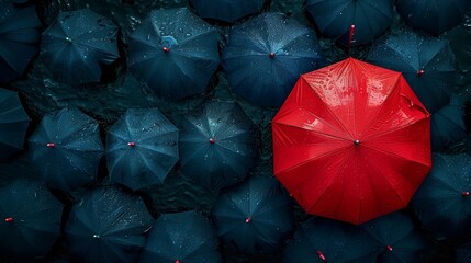 vivid display of uniformity with one unique red umbrella