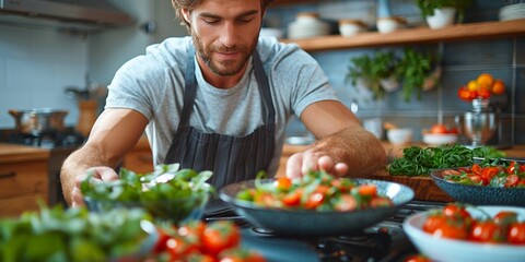 A handsome Caucasian man in an apron prepares a healthy meal in the kitchen, showcasing culinary skills.