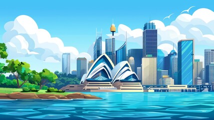 A modern cartoon illustration of Sydney landmarks, the city skyline with the Opera house banner, world-famous buildings, tourist attractions architecture, and megapolis skyscrapers.