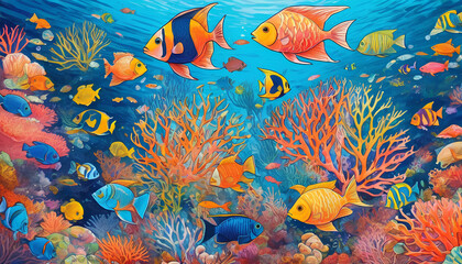 Tropical marine coral reef fish underwater - oil painting 