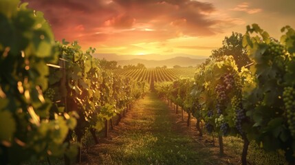 The image shows a beautiful sunset over a lush vineyard