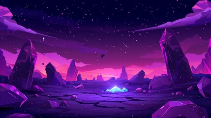The landscape of an alien planet is dotted with craters and lighted cracks. Modern cartoon illustration of a purple galaxy sky with stars and ground surface with rocks.