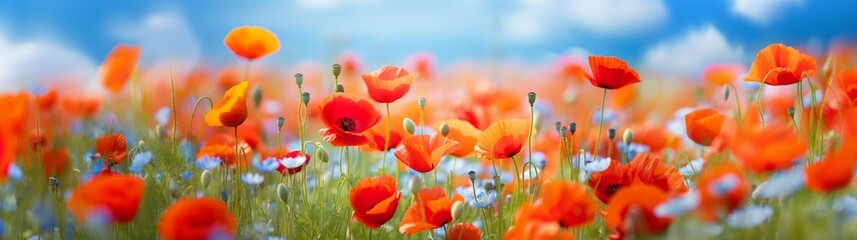 Obraz premium Beautiful closeup of poppies poppy Papaver rhoeas flowers in nature. Natural spring summer landscape with red poppies