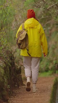 A girl in a yellow jacket travels with a backpack and visits extraordinary places and trails on the island of Madeira, Levada dos Tornos, Portugal. Vertical video