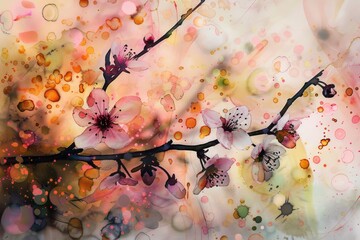 A painting of a branch with pink flowers