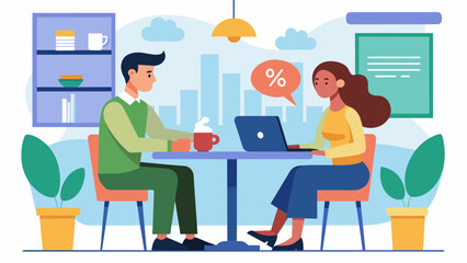 A man and woman sit side by side at a coffee shop discussing the possibility of refinancing their combined student loans to lower their interest. Vector illustration