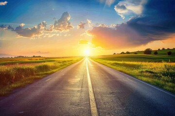 Fototapeta premium Scenic highway leads to a sunset-lit mountain range on an open road journey. Beautiful simple AI generated image in 4K, unique.