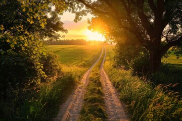 Naklejka premium Captivating shot of an empty weathered road stretching towards a dramatic sunset horizon under a cloud-filled sky. Beautiful simple AI generated image in 4K, unique.