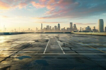 Captivating shot of an empty weathered road stretching towards a dramatic sunset horizon under a cloud-filled sky. Beautiful simple AI generated image in 4K, unique.