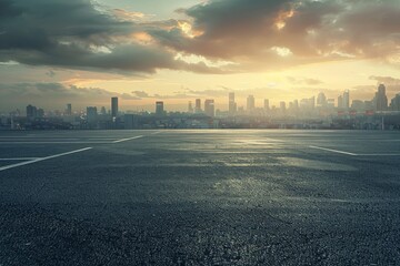 Captivating shot of an empty weathered road stretching towards a dramatic sunset horizon under a cloud-filled sky. Beautiful simple AI generated image in 4K, unique.