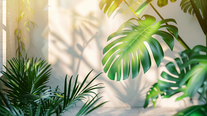 Large green leaves of a tropical plant. Sunlight and shadows on the wall. Home gardening.