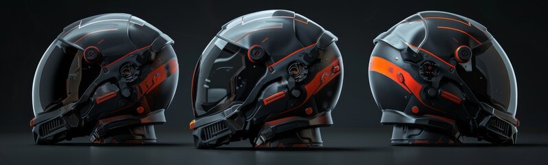 Fototapeta premium Three helmets with orange accents are shown against a black background. Banner
