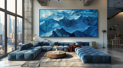 Modern living room with abstract blue wall art and city view