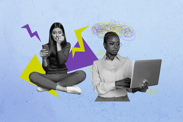Creative collage image young woman workers nervous stressed bite nails fear focused secretary laptop corporate employee - Powered by Adobe