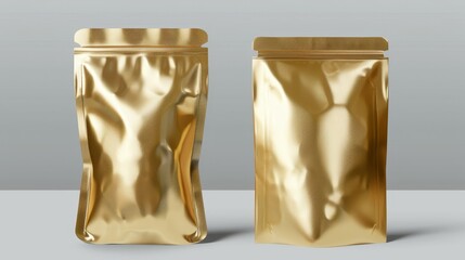 Printed pouches with clip, side and front views, isolated on transparent background. Realistic modern illustration of blank packaging for food or cosmetics products.