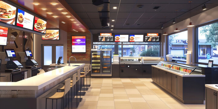 Front Counter Floor: Featuring the front counter, cash registers, order screens, menu boards, and staff taking orders and processing payments
