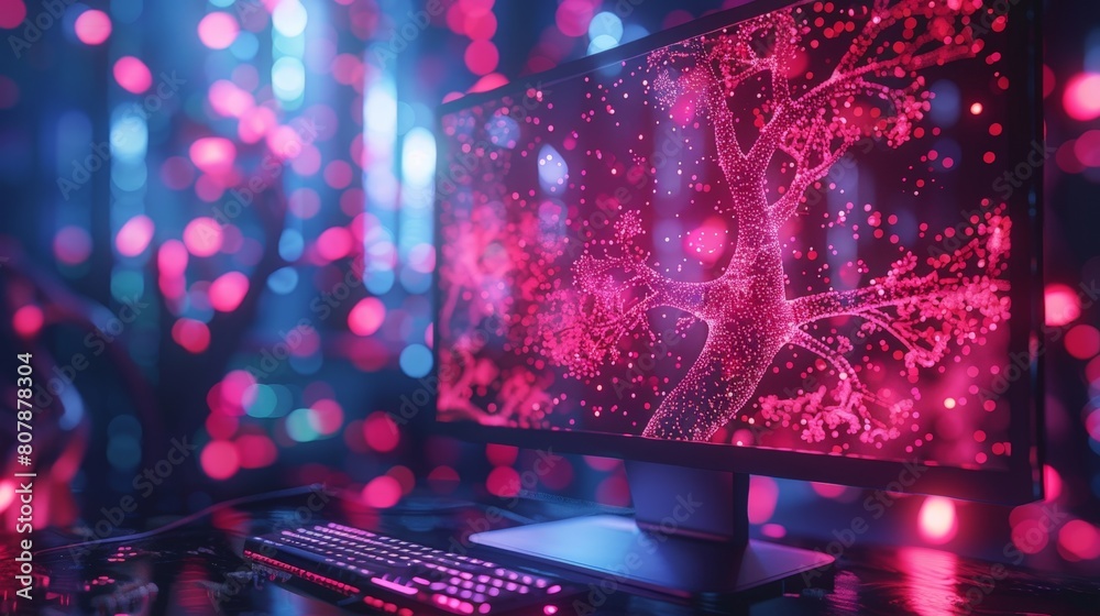 Aufkleber Modern computer displaying neural network on screen, surrounded by glowing pink and blue lights.