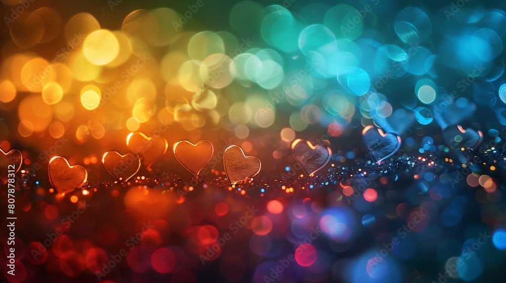 Poster Colorful hearts in bokeh effect contrast against a dark background, creating a visually striking composition