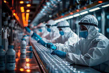 In a cutting-edge pharmaceutical production laboratory, focused colleagues work in protective coveralls.