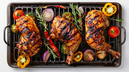 Top view grilled chicken with vegetables isolated