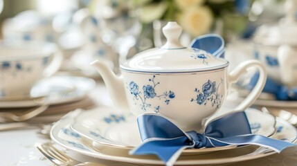 Fototapeta premium A set of fine china with a delicate blue bow, laid out on a dining table. 
