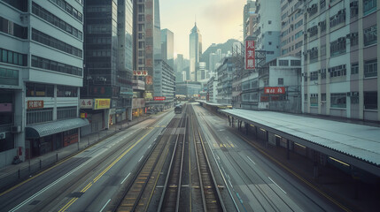 Early morning view of deserted urban street and railway