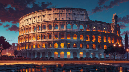 Dusk view of the Colosseum with illuminated arches and a dramatic sky