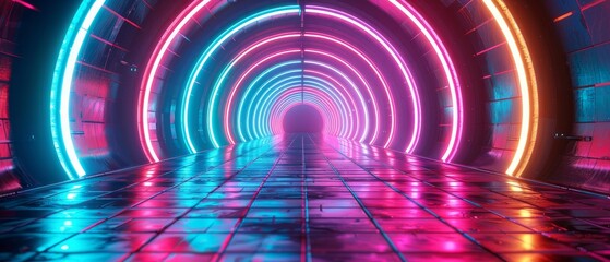 colorful neon maze in a futuristic retro style, panoramic view