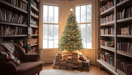 Illustrate a cozy bookstore with a small christmas upscaled 3