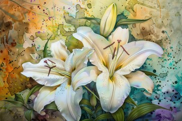 A painting of two white lilies with green leaves. The painting is colorful and vibrant