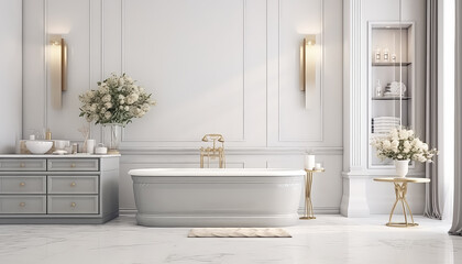 A bathroom with a white bathtub and a white chair