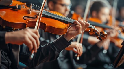 A group of musicians playing violin and violas in a concert, AI