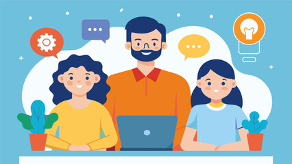 A family attending a webinar on exeive functioning skills and how they can help their neurodivergent loved one become more independent and successful. Vector illustration