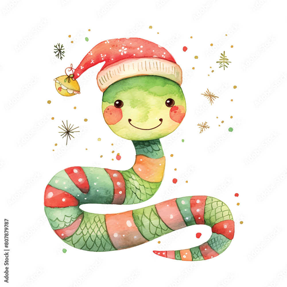 Poster a green and red snake wearing a santa hat. the snake is smiling and surrounded by christmas decorati